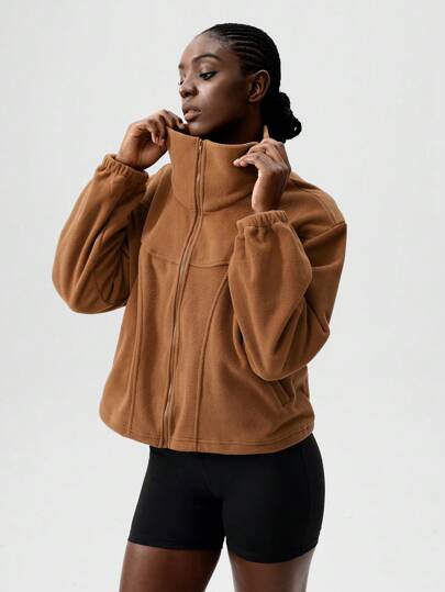 VARSITIE 羊毛卡其色高领毛绒拉链保暖女式运动夹克