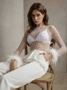 Anewsta Rhinestone Studded See-Through Mesh Women Top With Fluffy Trim - White - View 7