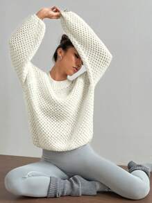 SHEIN Unity 1pc Women Versatile Solid Color Raglan Sleeve Sweater, Autumn/Winter Knit Pullover Fall Outfit - White - View 5