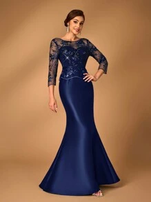 SHEIN Belle 女士优雅高端亮片拼布弹力针织面料圆领中长袖连衣裙，带蕾丝花边鱼尾下摆，适合妈妈参加婚礼、正式晚宴和舞会，新娘母亲礼服 - 藏蓝色 - 查看 5