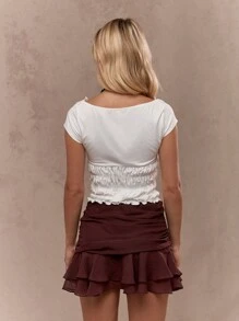 MISSGUIDED Ruched Waist Crinkle Frill Hem Detail Mini Skirt - Coffee Brown - View 2