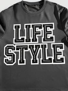 ROMWE MEN Street Life 男士休闲字母与花卉印花圆领长袖运动衫，秋季 - 灰色 - 查看 3
