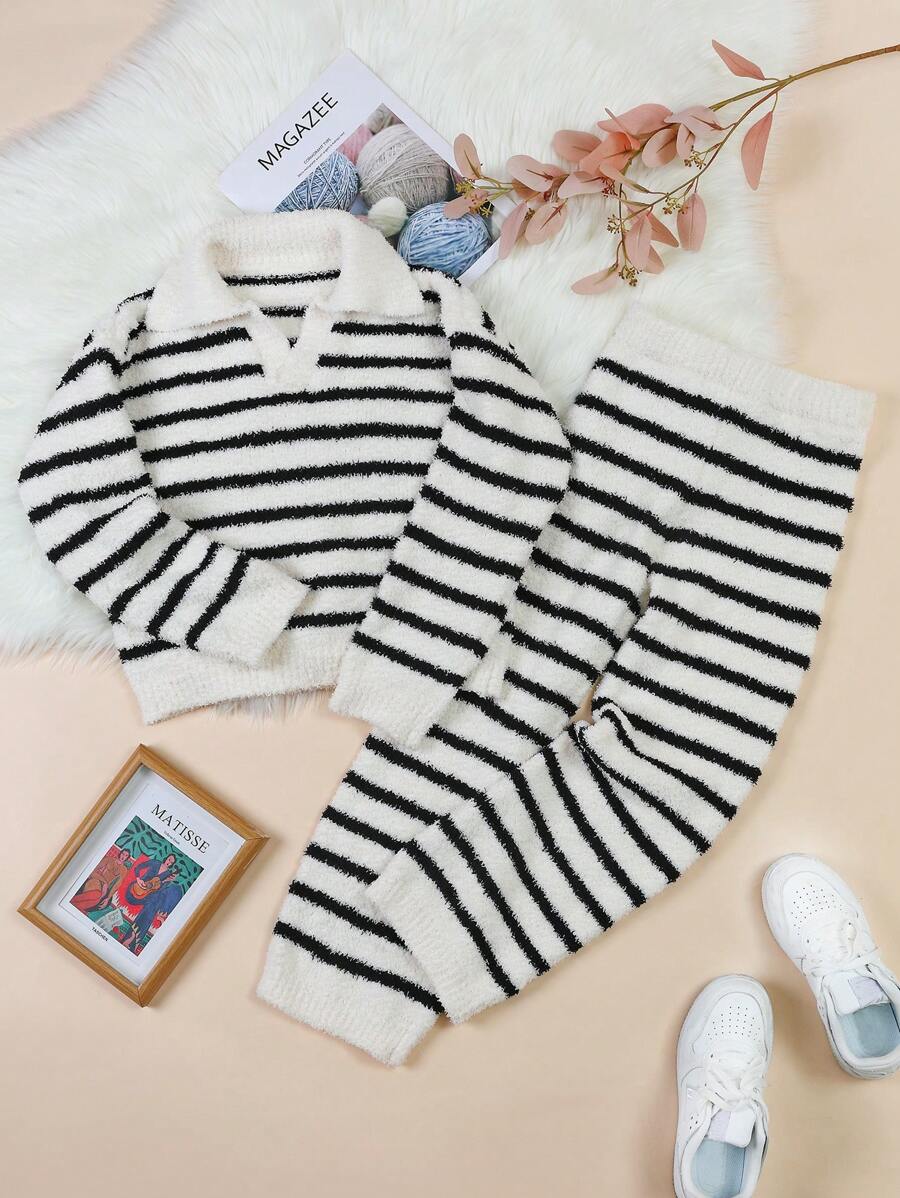 Top allentato a maniche lunghe con colletto polo a righe colorate, adatto per ragazza e donna, ideale per primavera, estate e autunno, per il rientro a scuola, stile casual da strada, da abbinare a pantaloni larghi per casa, uscite, ritrovi e scuola - Bianco e nero - Visualizzare 1