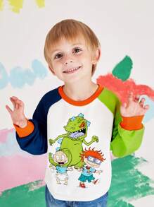 Nick 90s X SHEIN Sudadera informal de cuello redondo para niño con estampado de dinosaurio de dibujos animados y mangas raglán de color block