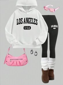 SHEIN Tween Girls' Streetwear Casual Knit Crew Neck Sweatshirt Outfit