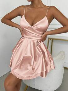 SHEIN Unity Women's Sexy Solid Color Multi-Layer Hem Short Camisole Dress, Summer - Pink - View 5