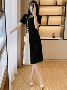 SHEIN Unity Women's Summer Turndown Collar Color Block Short Sleeve Elegant Chinese Style Midi Dress Maxi Women Outfit