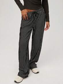 SHEIN BASICS Casual Woven Striped High Waist Wide Leg Loose Fit Women Pants