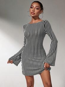 SHEIN SXY Women's Long Sleeve Simple Stripe Mini Dress, Casual For Daily Wear - Black - View 3