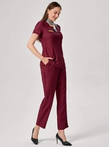 TaskEZ Burgundy Red Women Simple Badge Detail Waist Fitted Short Sleeve Top And Pants Work Uniform - Burgundy - View 4