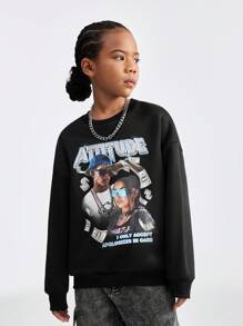 SHEIN Tween Girls' Letter & Figure Print Round Neck Drop Shoulder Long Sleeve Sweatshirt In Black, Autumn - Black - View 5