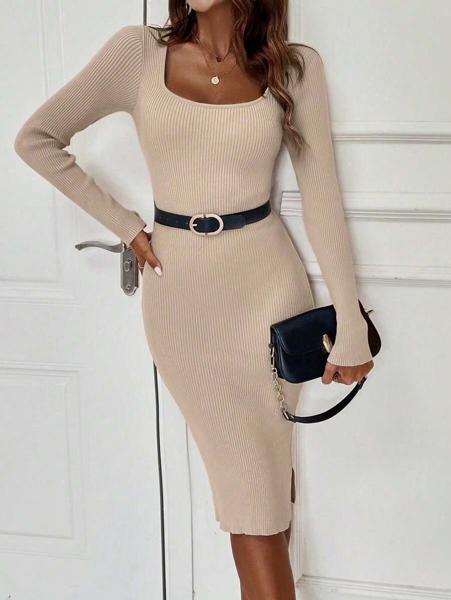 EMERY ROSE Đầm len dài tay cổ vuông màu trơn thanh lịch cho nữ, mùa thu - Màu be - Xem 1