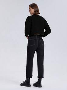 Chunky Knit Solid Color Button-Up Round Neck Elegant Long Sleeve Cardigan - Black - View 2