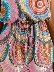 Breezaya Macacão feminino casual vintage sem mangas estampado, férias de verão