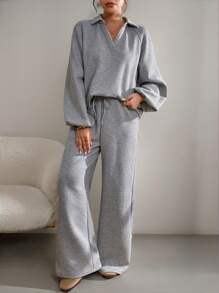 SHEIN Essnce 2pcs Women Fall Sets Women's Casual Solid Color Textured V Neck Long Sleeve Top And Straight Wide-Leg Pants Elastic Waist Pants Women Pants Set Winter Women Sets Outfit Sets Fall Two Pieces Sets Airport Women Outfits - Grey - View 3