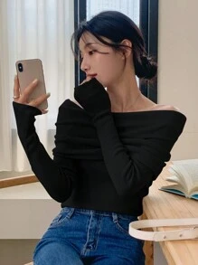 DAZY 1pc Women Off-Shoulder Solid Tight Collar Sweater For Autumn Off Shoulder Sweater,Long Sleeve Tops,Fall Women Clothes - Black - View 5