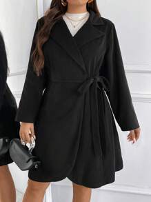 SHEIN Frenchy Plus Size Casual Belted Wrap Overcoat, Autumn/Winter Fall/Winter - Black - View 2