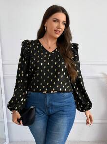 SHEIN Frenchy Blusa oversize in stile casual con maniche a lanterna, fantasia a pois e arricciature, in colore oro, adatta per l'autunno - nero - Visualizzare 4