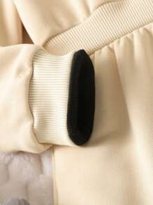 SHEIN 女童长袖拼布毛绒斜跨束腰连衣裙，休闲字母印花时尚小女孩连衣裙 - 卡其色 - 查看 3