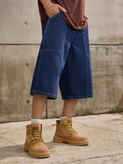 Forever 21 Men's Short Length Loose Straight Cargo Jeans With White Pressure Line In Dark Wash Suitable For Summer And Autumn