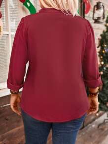 Plus Size Women Fall Plain Color Contrast Lace V-Neck Cuffed Sleeve Casual Blouse - Burgundy - View 2