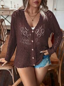 Calvaya 大码女式纯色长袖镂空单排扣休闲开衫，秋季 - 咖啡棕 - 查看 4