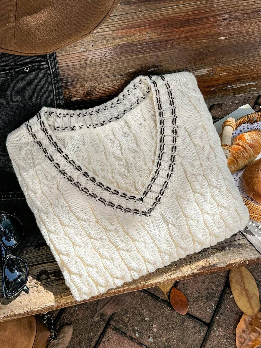 SHEIN EZwear Duży biały sweter z okrągłym dekoltem, jesień/zima - Biały - Zobacz 1