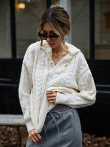GENKIRA Suéter de punto grueso con cuello polo con capucha, bloque de color y botón de cuarto para ir al trabajo y uso casual, suéter de punto de otoño e invierno - Beis - Ver 7