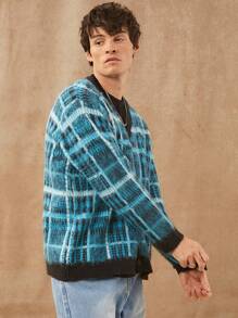 Men Brushed Plaid Cardigan Sweater - Blue - View 4