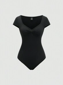 Sweetra Conjunto de 2 piezas informal con body de cuello de corazón fruncido y unicolor para mujeres