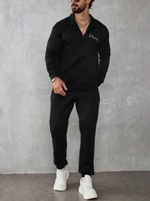 Manfinity Homme Men's Casual Letter Print Sweatshirt And Sweatpants Set - Black - View 4