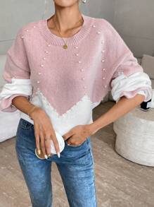 SHEIN Privé 1 件女式纯色拼布圆领长袖休闲手工串珠毛衣 - 彩色 - 查看 1