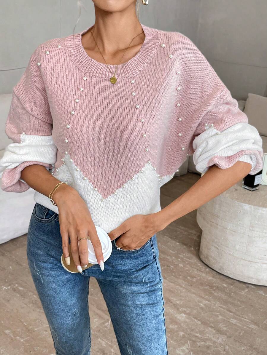 SHEIN Privé 1 件女式纯色拼布圆领长袖休闲手工串珠毛衣 - 彩色 - 查看 1