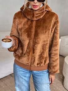 SHEIN Privé Chaqueta con capucha de manga larga y hombros caídos de ajuste holgado, de peluche, para invierno, casual - Café integral - Ver 1