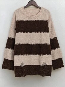 SHEIN LUNE Plus Size Crew Neck Solid Color Patchwork Simple Casual Pullover Sweater Knit Pullover Fall Winter - Multicolor - View 1