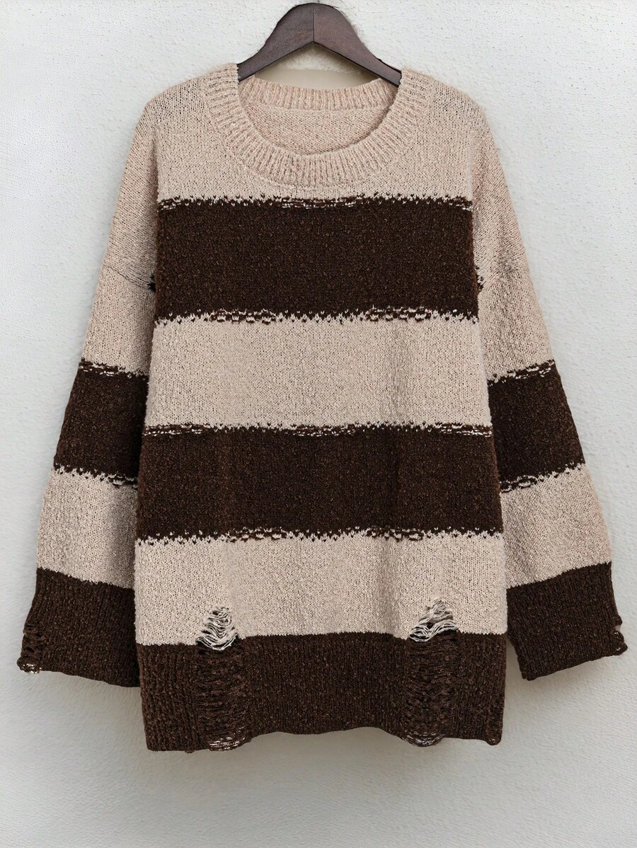 SHEIN LUNE Plus Size Crew Neck Solid Color Patchwork Simple Casual Pullover Sweater Knit Pullover Fall Winter - Multicolor - View 1