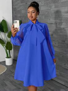 Maweii Plus Size Women's Solid Color Tie-Neck Mesh Long Sleeve Loose Elegant Midi Dress, Autumn Fall Cloth For Women