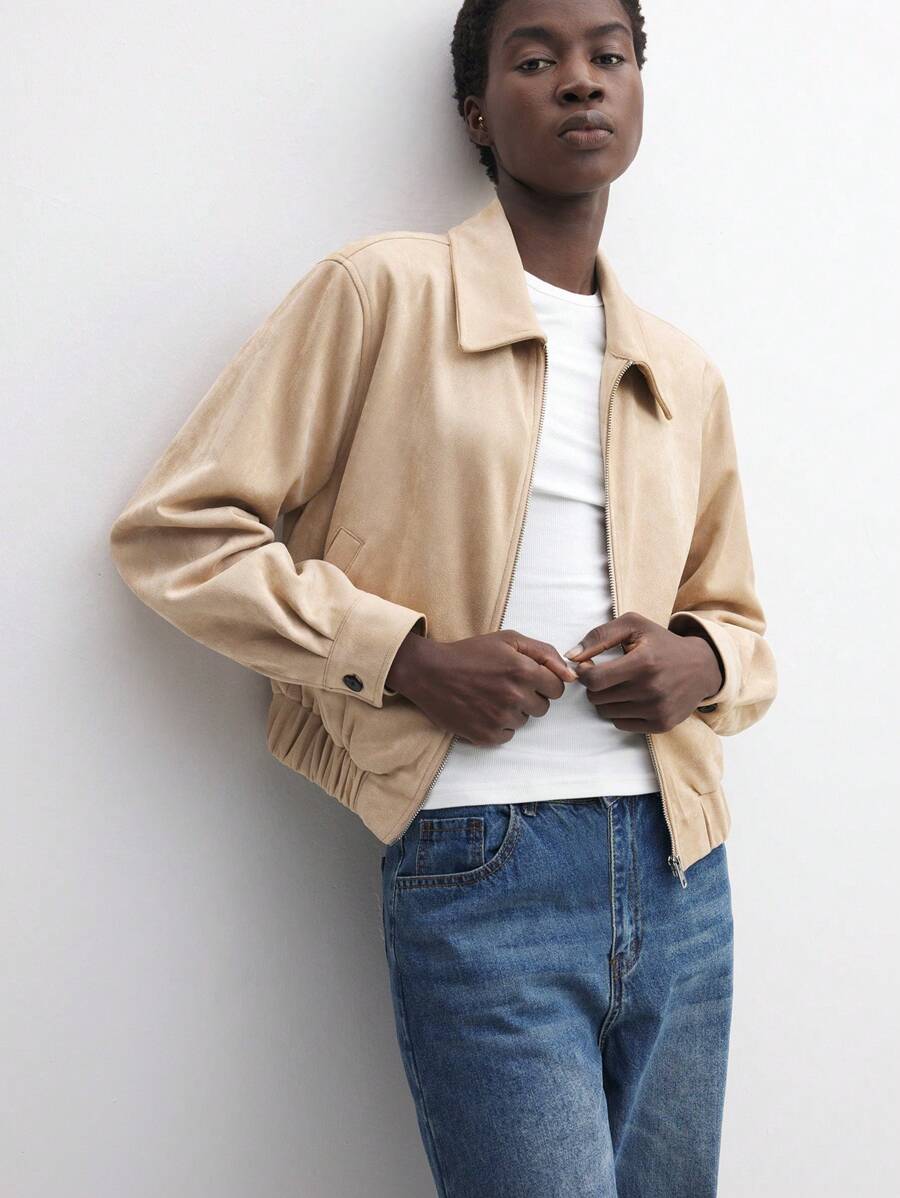 BizChic 女士棕色仿麂皮长袖夹克外套，适合感恩节、圣诞节、通勤 - 卡其色 - 查看 1