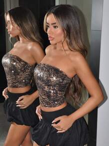 SHEIN ICON 时尚性感豹纹亮片短款吊带背心 - 棕色 - 查看 5