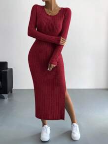 SHEIN Essnce 纯色圆领罗纹开衩长袖超长连衣裙 - 酒紅色 - 查看 1