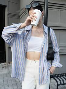 INAWLY Women's Striped Print Button-Up Long Sleeve Shirt With Pockets - Baby Blue - View 4