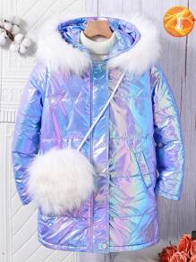 SHEIN Tween Girl Fluffy Panel Hooded Pockets Winter Padded Coat - Mint Blue - View 1