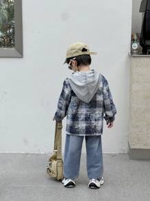 SHEIN 2pcs/Set Young Boys Casual Plaid Patchwork Hooded Cardigan Long Sleeve Top & Distressed Denim Pants Outfit,Suitable For Street Outdoor Autumn Spring - Black and White - View 2