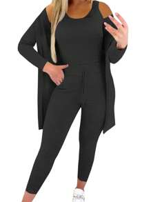 INAWLY 3pcs/Set Women Solid Color Long Sleeve Jacket, Round Neck Vest And Leggings Casual Outfit Fall Cloth For Women