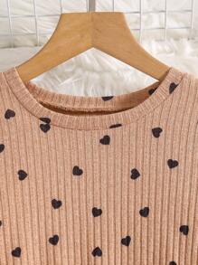 Sparklyn 2pcs Tween Girls Casual Heart Print Top With Leggings Set, Autumn