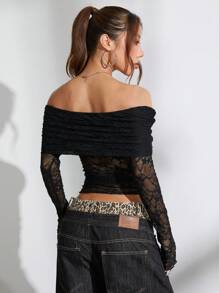 FavEase 1 件女式露肩蕾丝长袖衬衫 - 黑色 - 查看 2