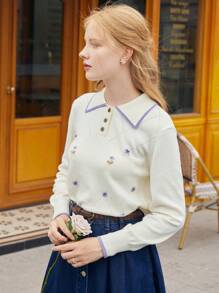 SHEIN Black Friday x Star Picks Simple Retro 羊毛刺绣拼布 Polo 衫 - 白色 - 查看 6