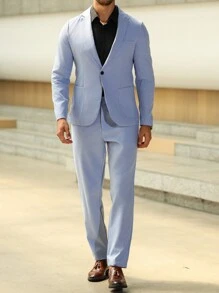 Manfinity Mode Bộ quần áo vest nam cổ lọ tay dài cài nút phía trước màu trơn, quà tặng cho bạn trai - Màu Lilac Tím - Xem 4