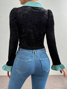 SHEIN Unity 拼布色块拉链褶裥不对称下摆长袖翻领夹克 - 黑色 - 查看 2