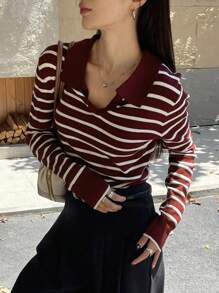 DAZY Suéter holgado de mujer con rayas casual para otoño - Burdeos - Ver 7